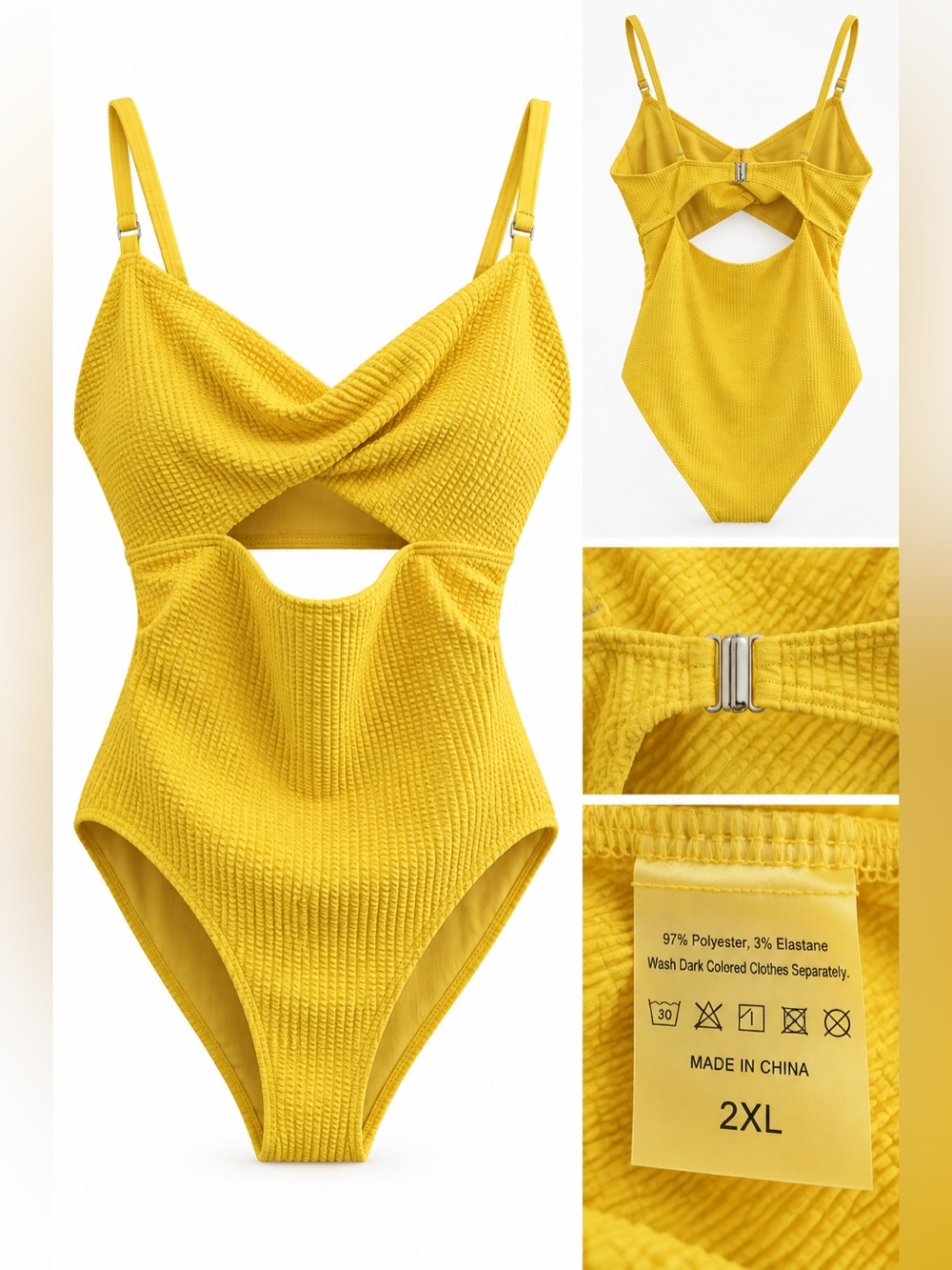 Women’s Yellow Textured Cutout One Piece Swimsuit Twist Front Adjustable Straps.